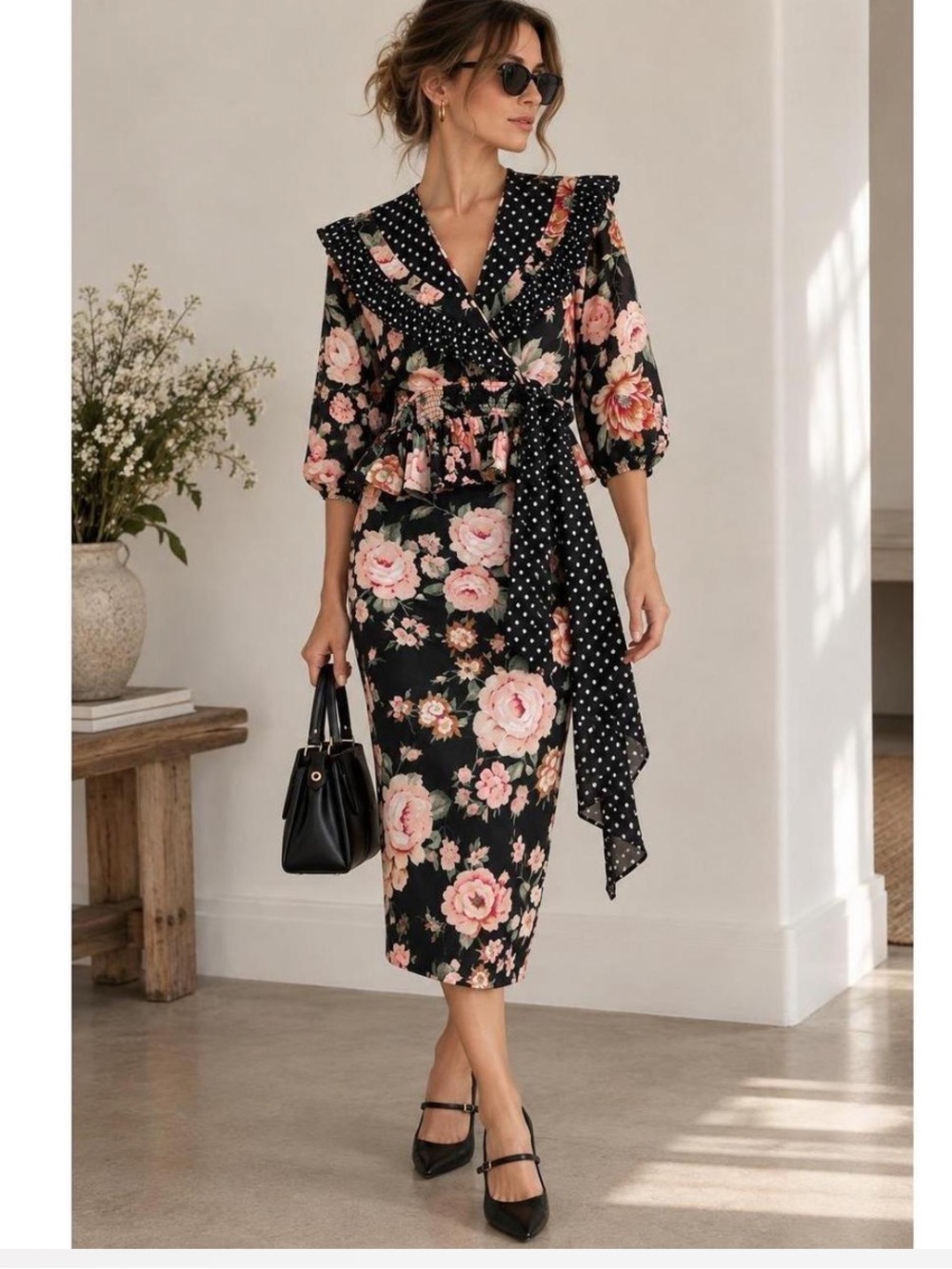 Vintage Susan Tudor Floral 2 Piece Skirt Blouse Set Polka Dot Sash Made USA S